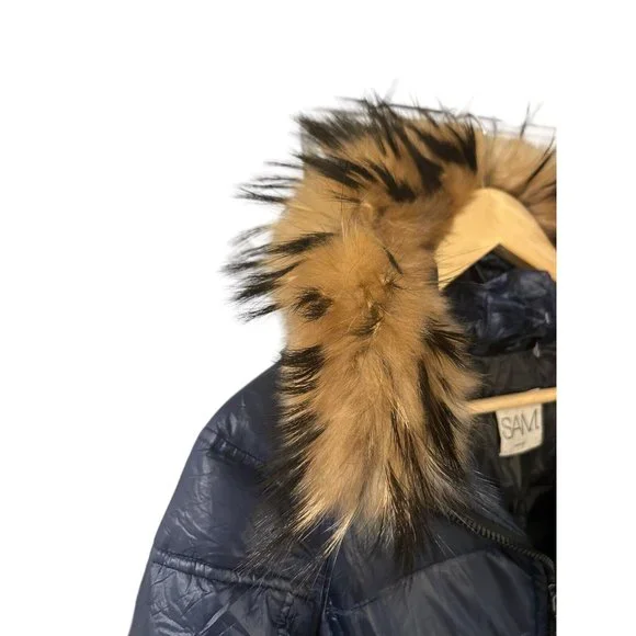 SAM Womens Down Puffer Jacket  Black Raccoon Fur Trimmed Size XXS MSRP 450 - Picture 9 of 13